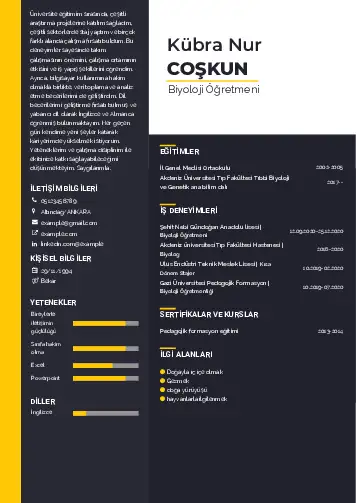 Biyoloji Öğretmeni CV Örnekleri cv indir